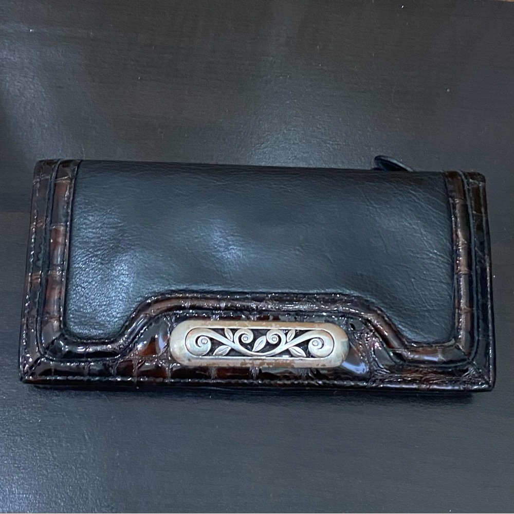 BRIGHTON Eve Delight Black Leather Croc Leather Trims Large Wallet